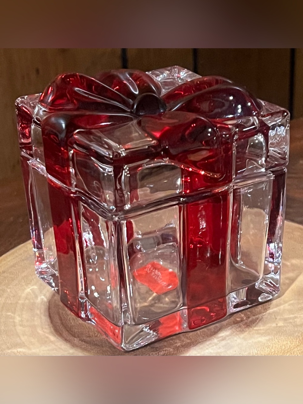 Mikasa Red Glass Gift Box Trinket Jar ht 4”